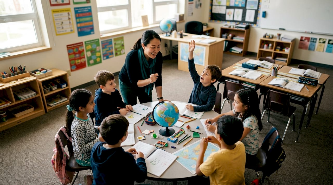 Children learning in international school classroom