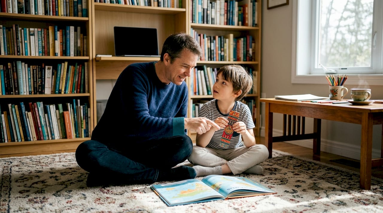 Parent teaching child global citizenship at home