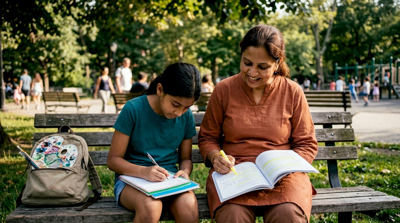 Mother helping daughter with academic work