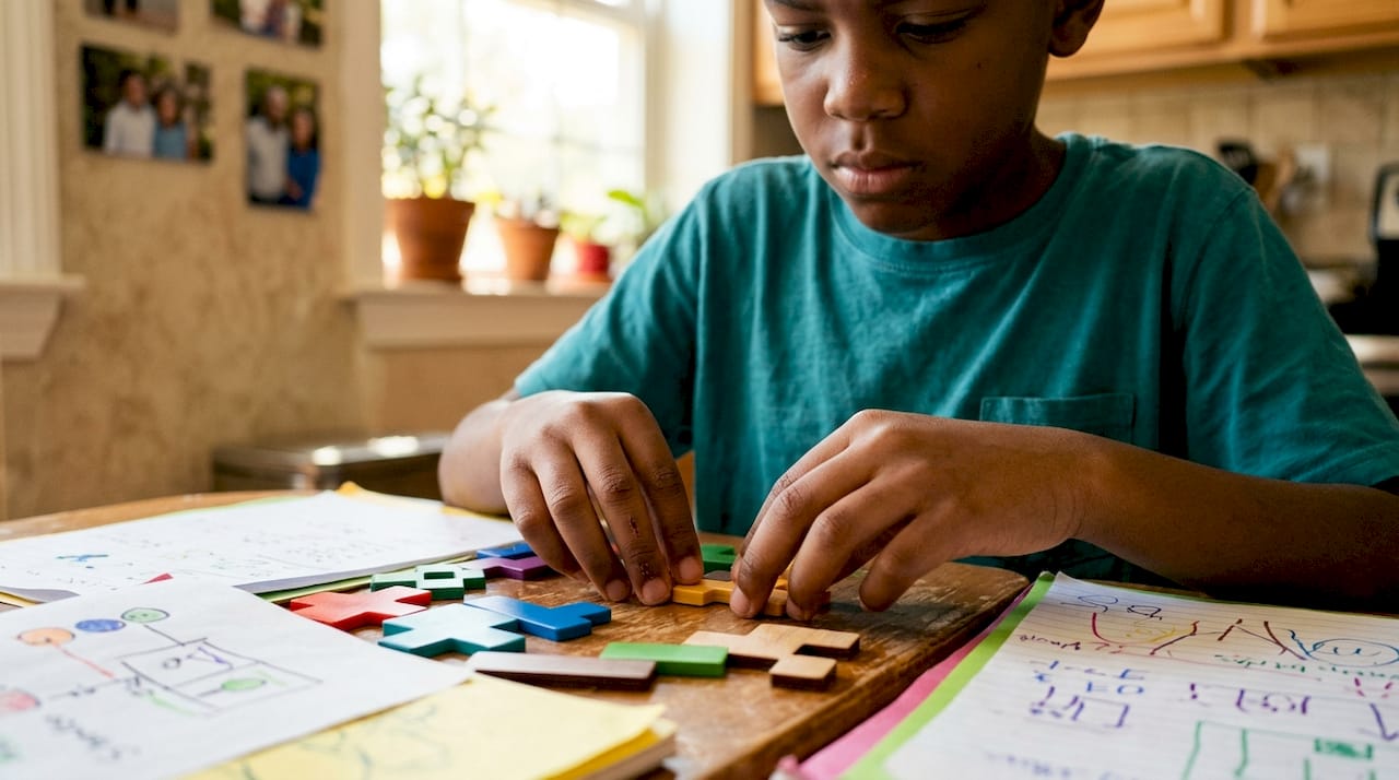 Boy solving critical thinking puzzle at desk