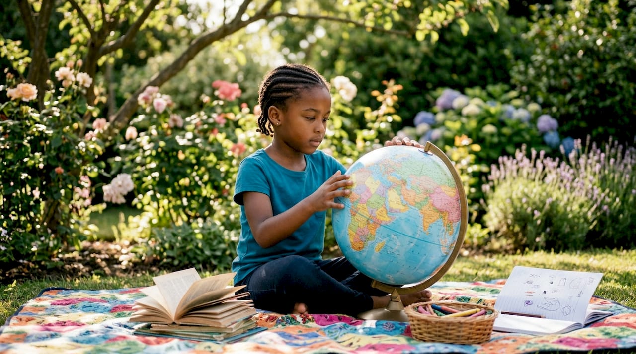 Child exploring multicultural globe in library