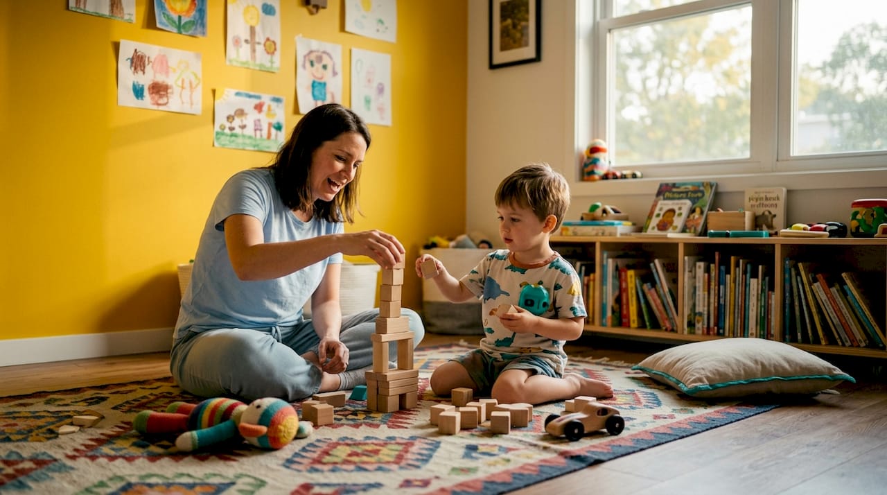 Father and toddler playing with puzzles