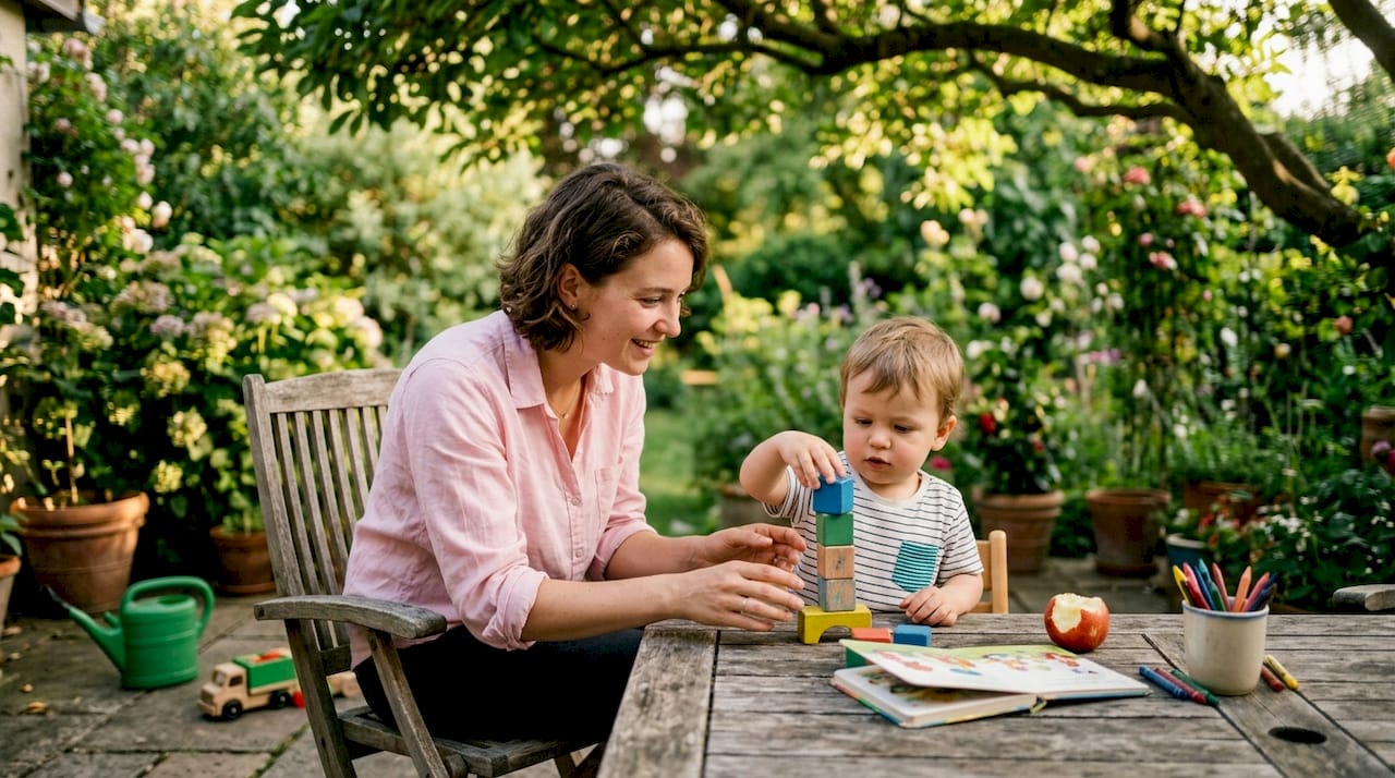 Mother encouraging toddler's learning with blocks