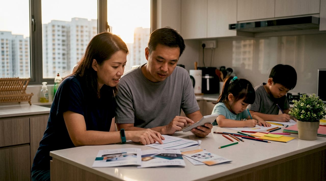 Family reviewing school fees at home