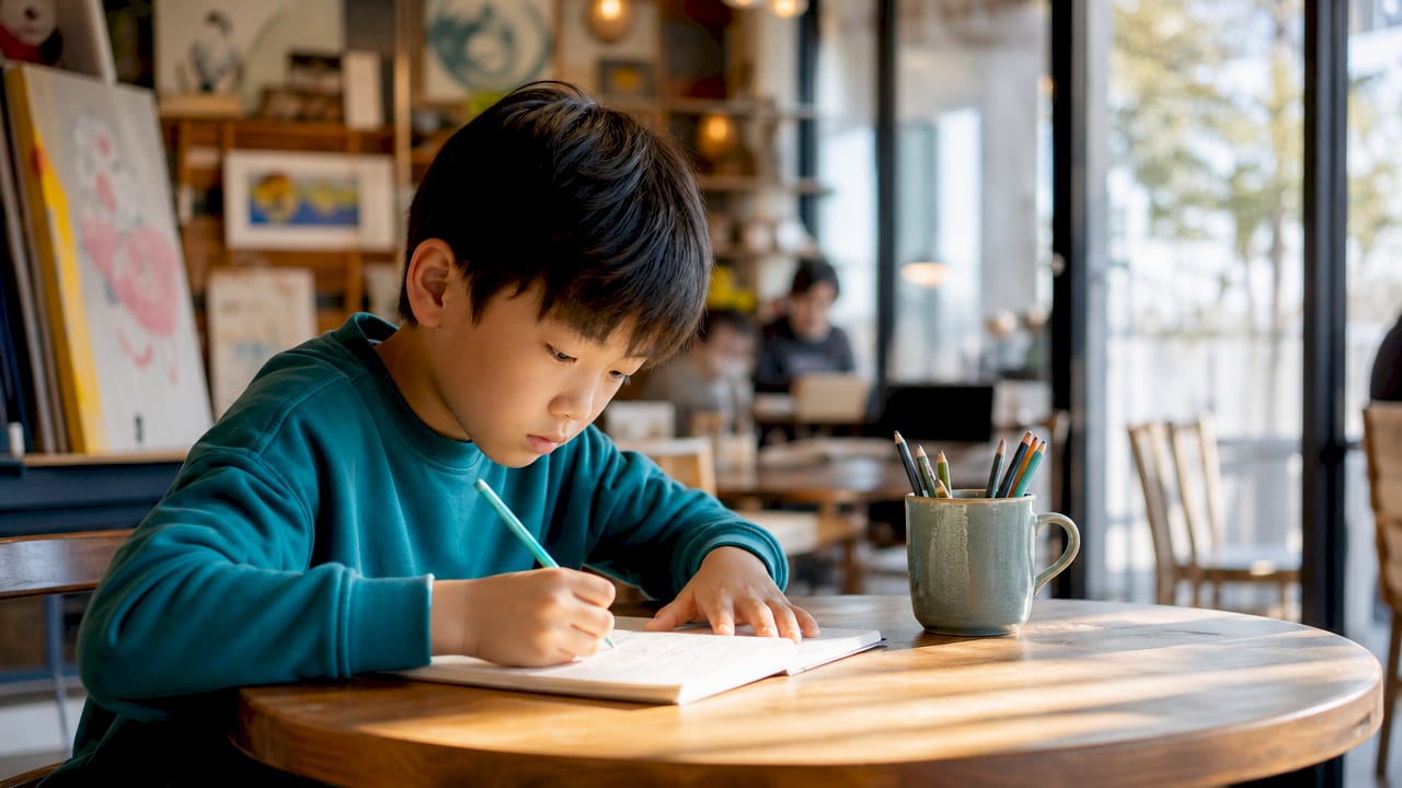 Boy writing at desk in school library
