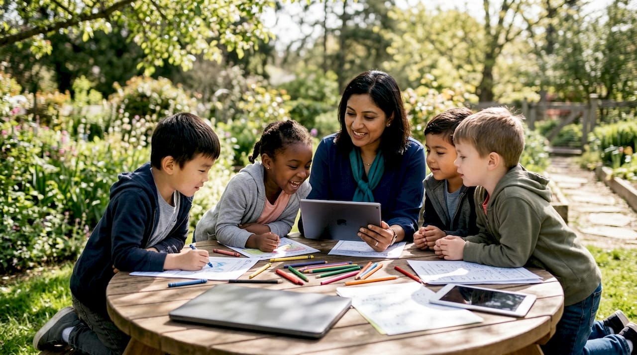 Teacher and diverse students using tablet and worksheets