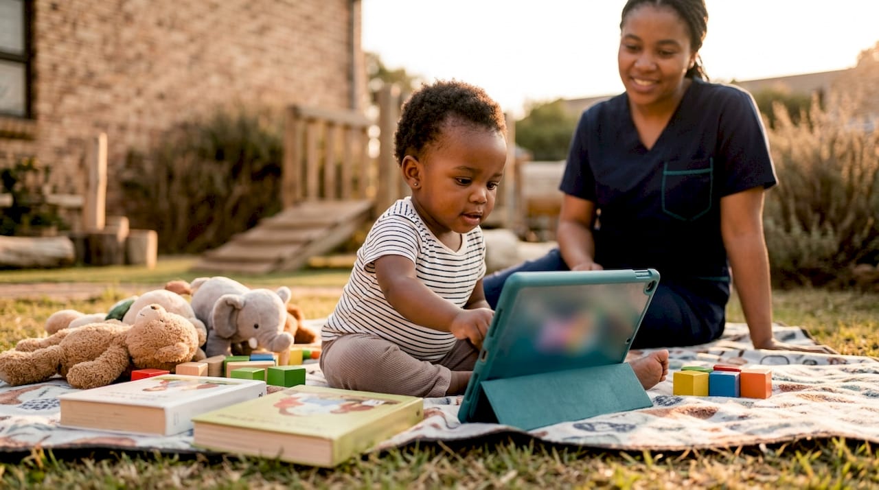 Toddler using tablet among preschool toys