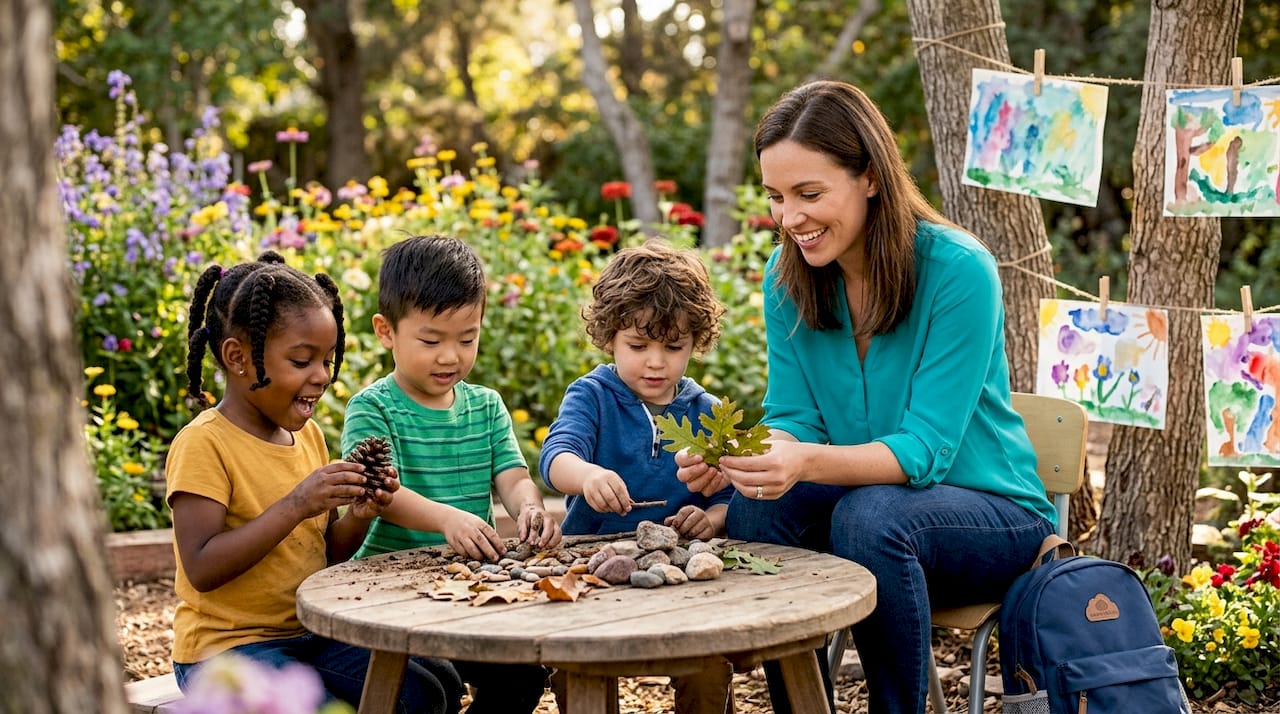 Preschool children engaging in hands-on learning with teacher
