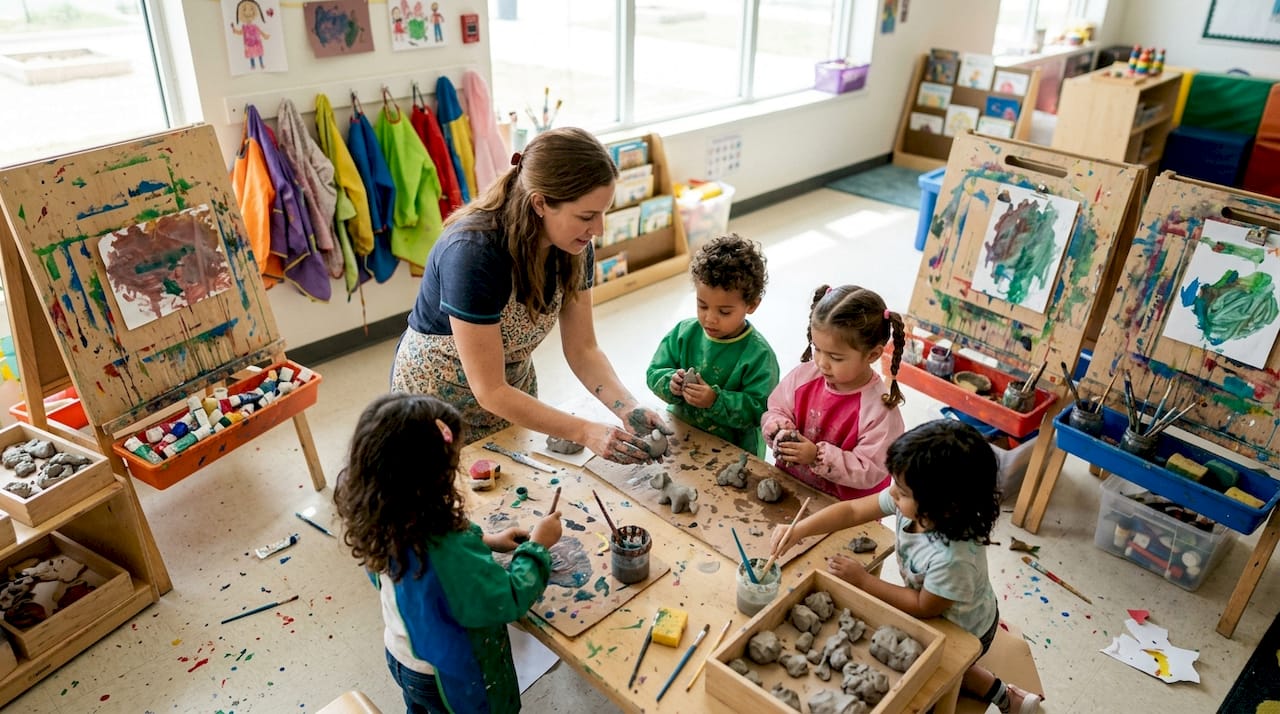 Teacher guiding children in sensory water play activity