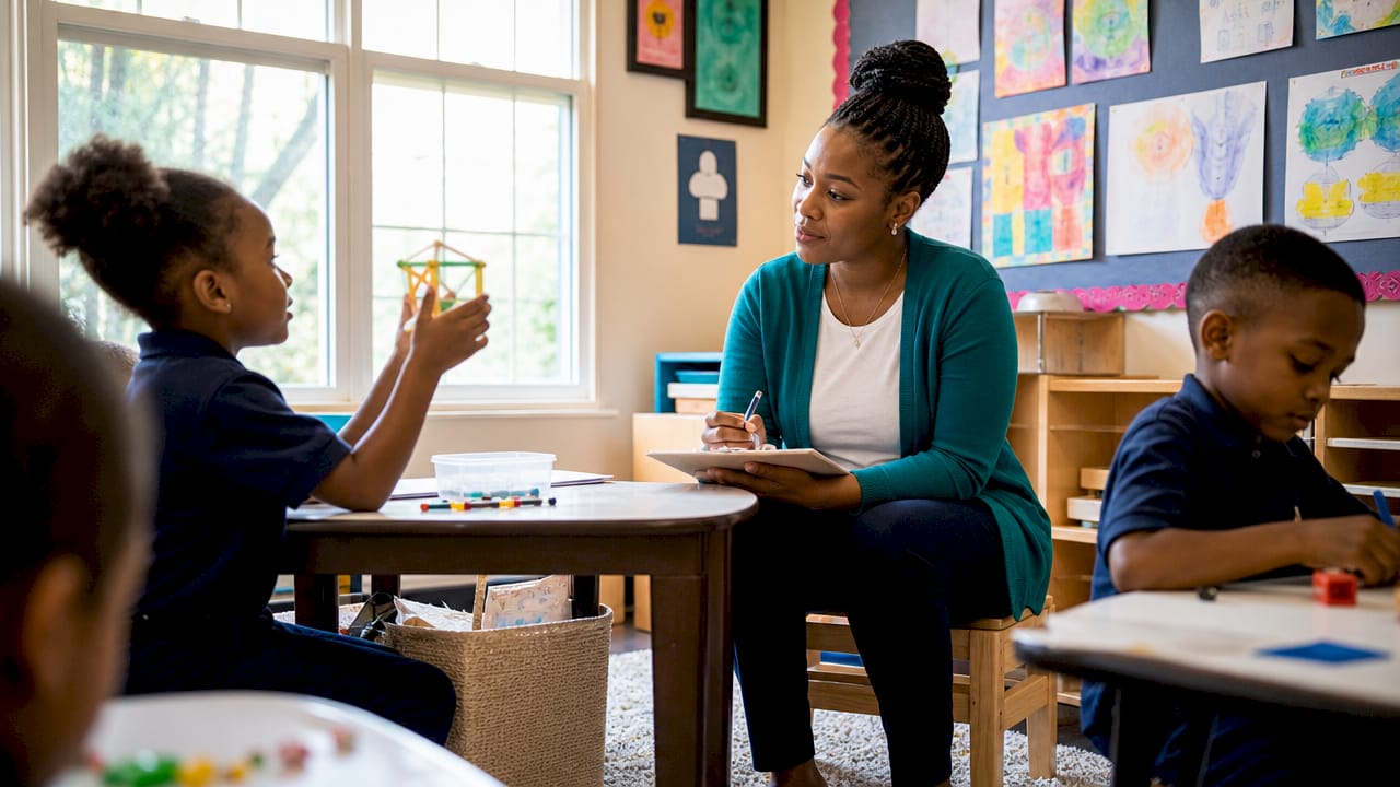 Teacher observing students during classroom assessment