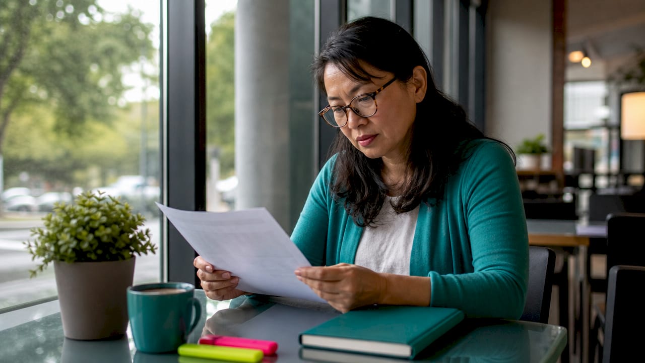 Parent reviewing child's assessment report at kitchen table