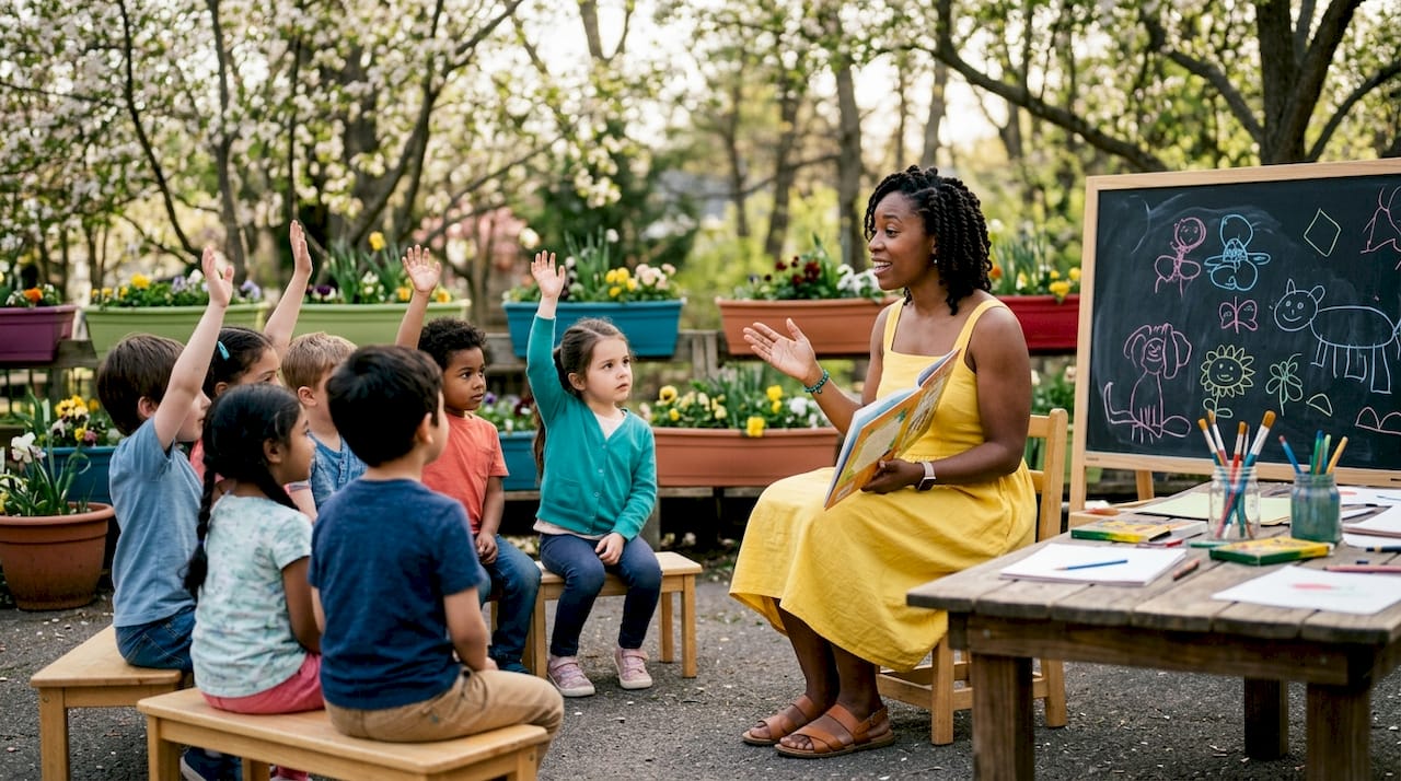 Teacher engaging young children in classroom routine