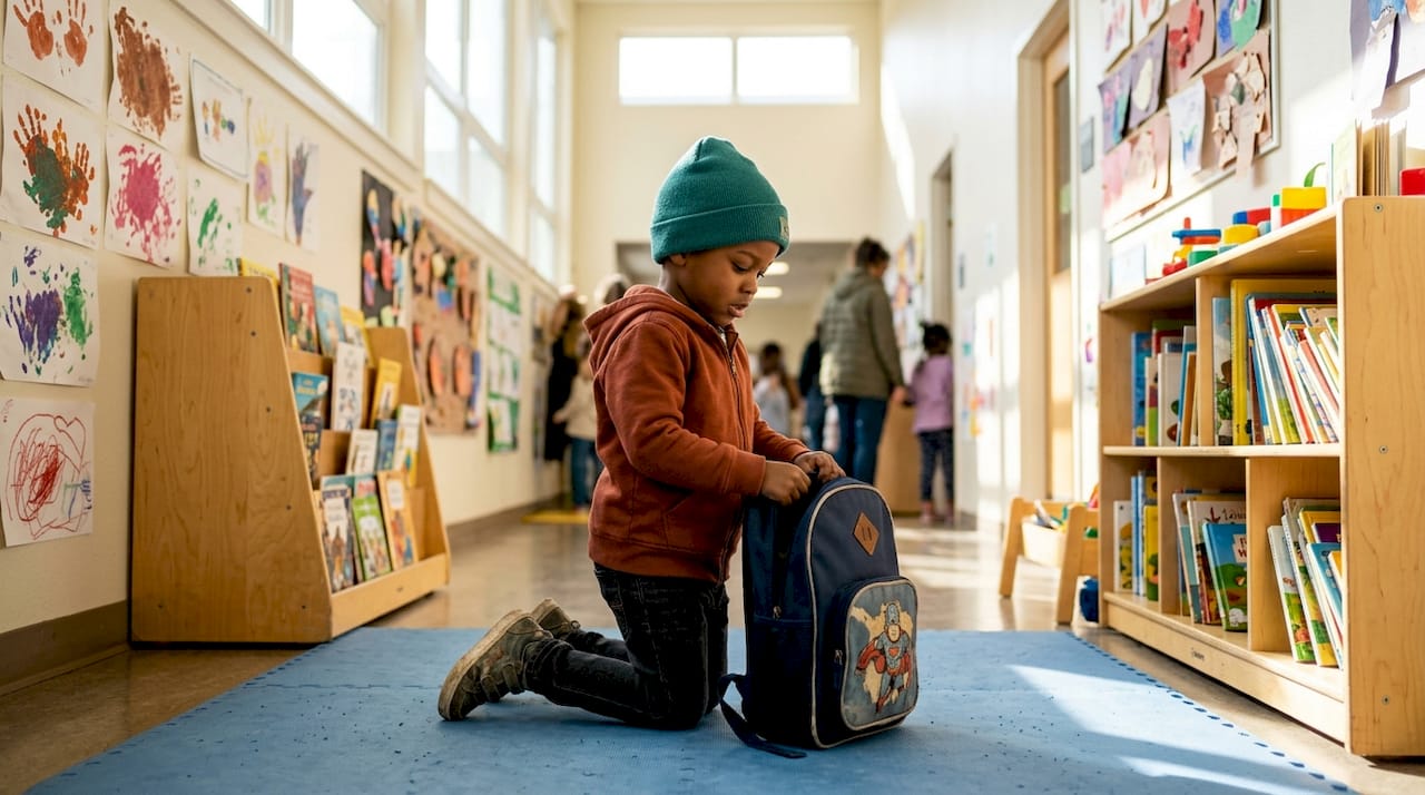 Child hanging jacket during morning entry routine