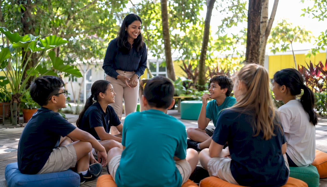 International school classroom with teacher and students