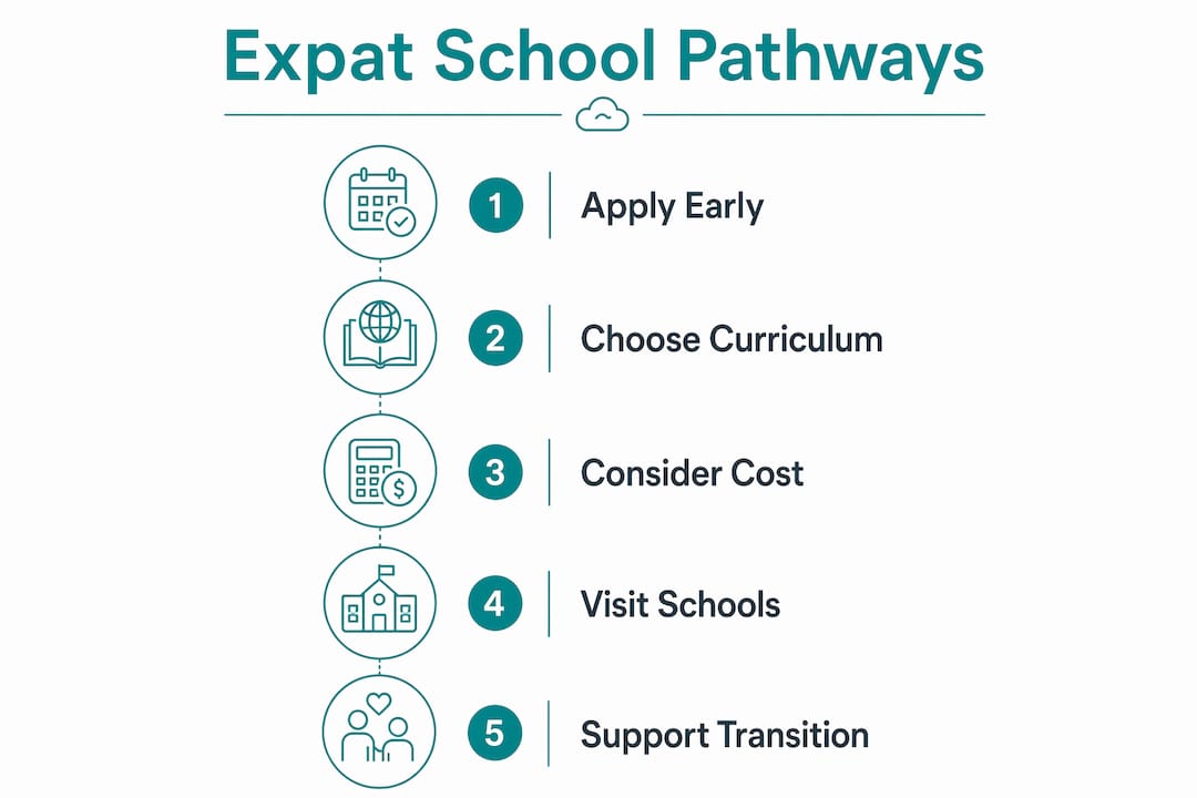 Infographic outlining expat schooling pathways and steps