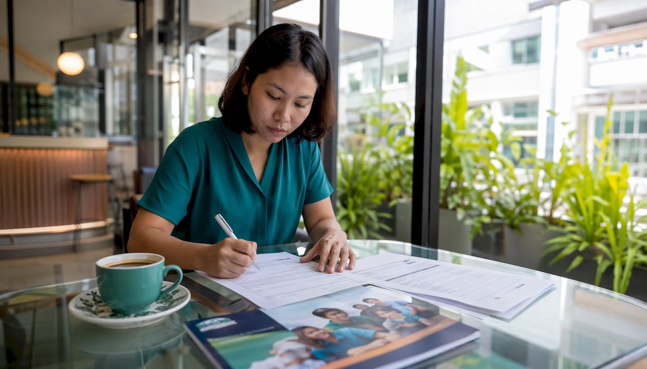 Mother filling out Singapore school enrollment paperwork