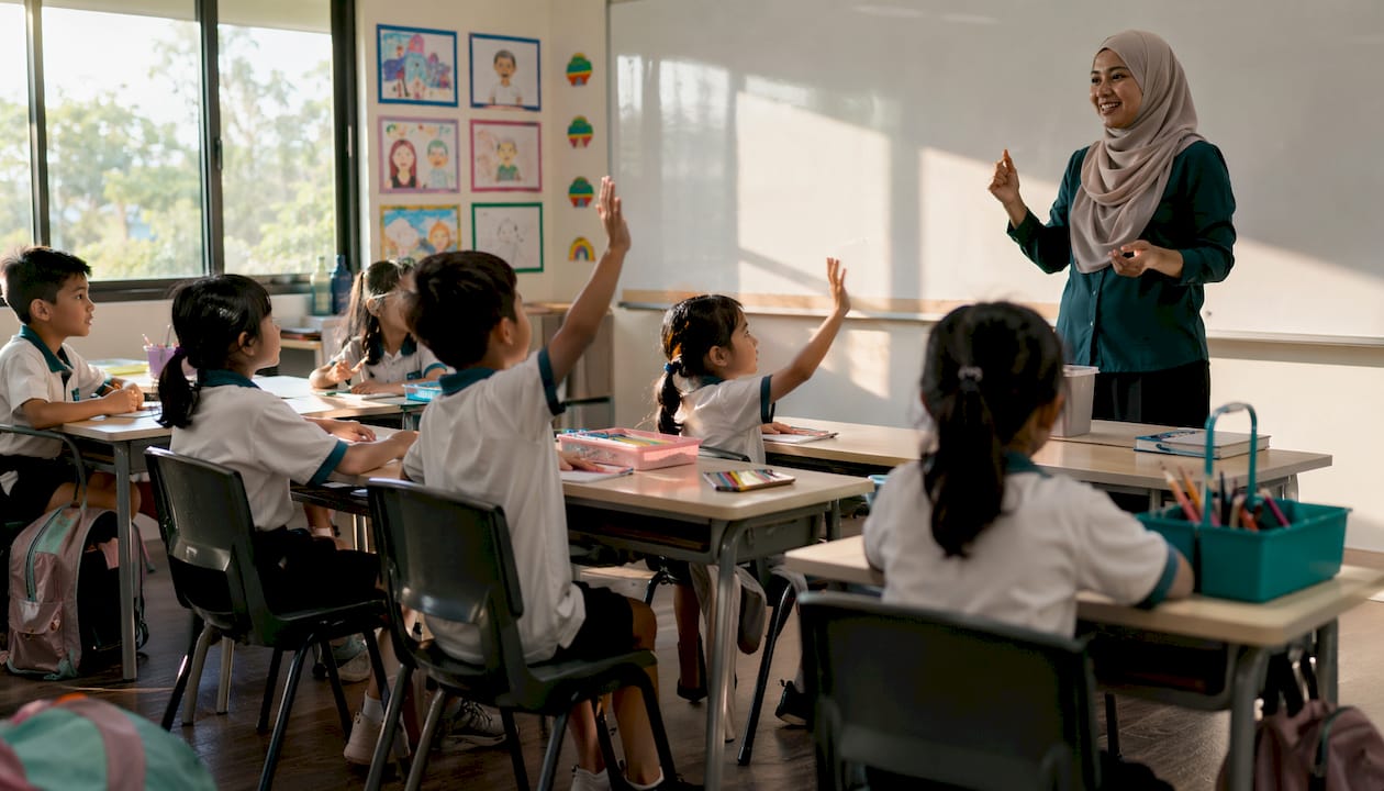 Students attending primary government school classroom