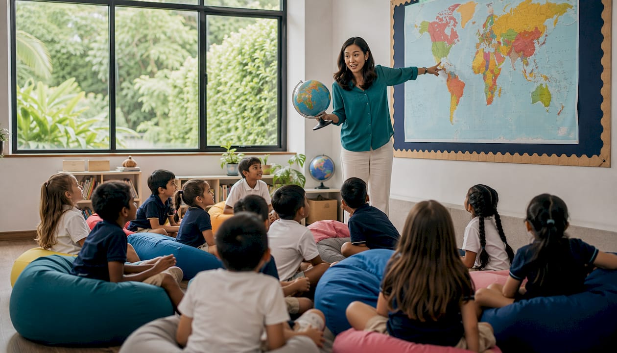 Teacher engaging small private school class