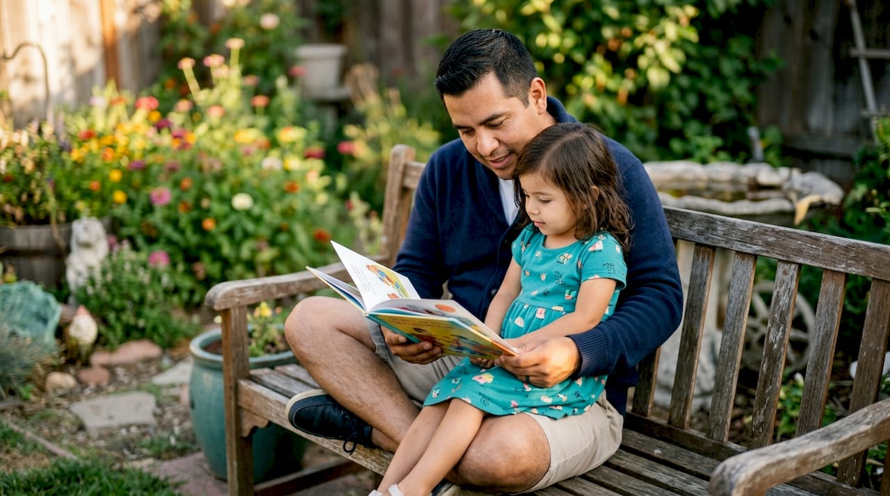 Parent reading picture book to child at home