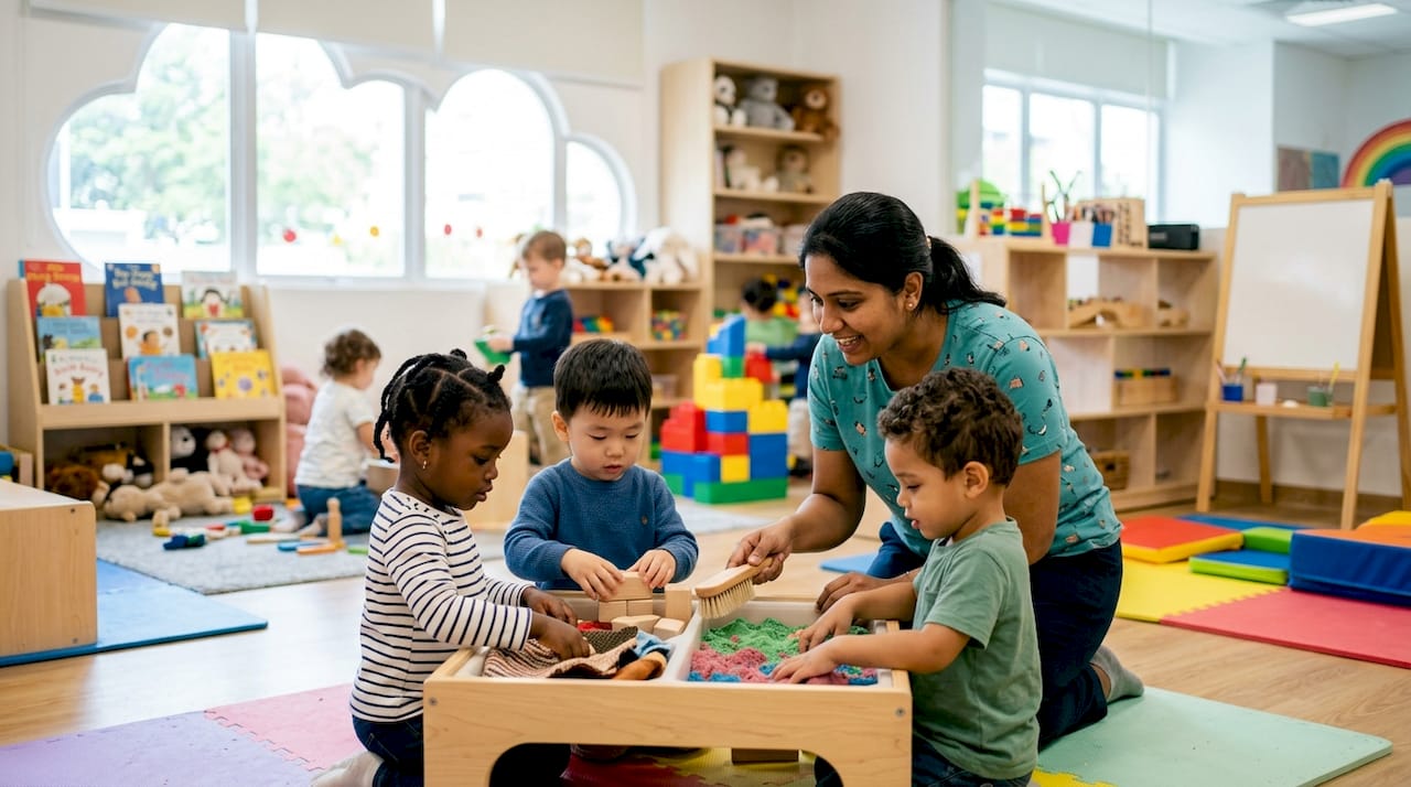 Children and teacher in colorful early education classroom