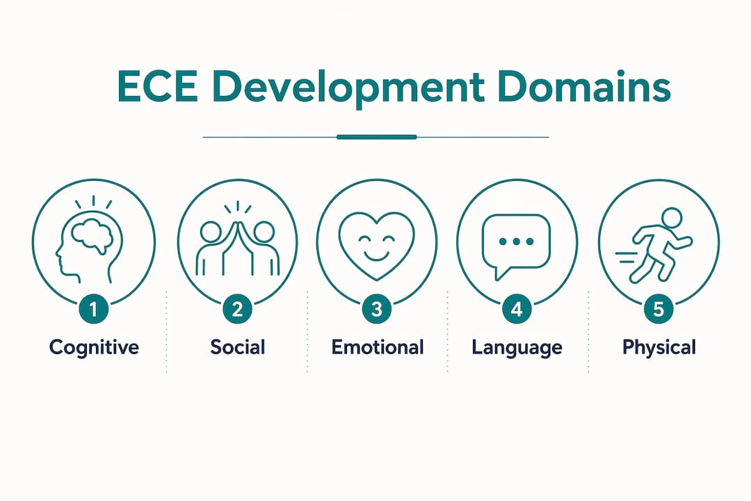 Infographic showing five core domains of early childhood development