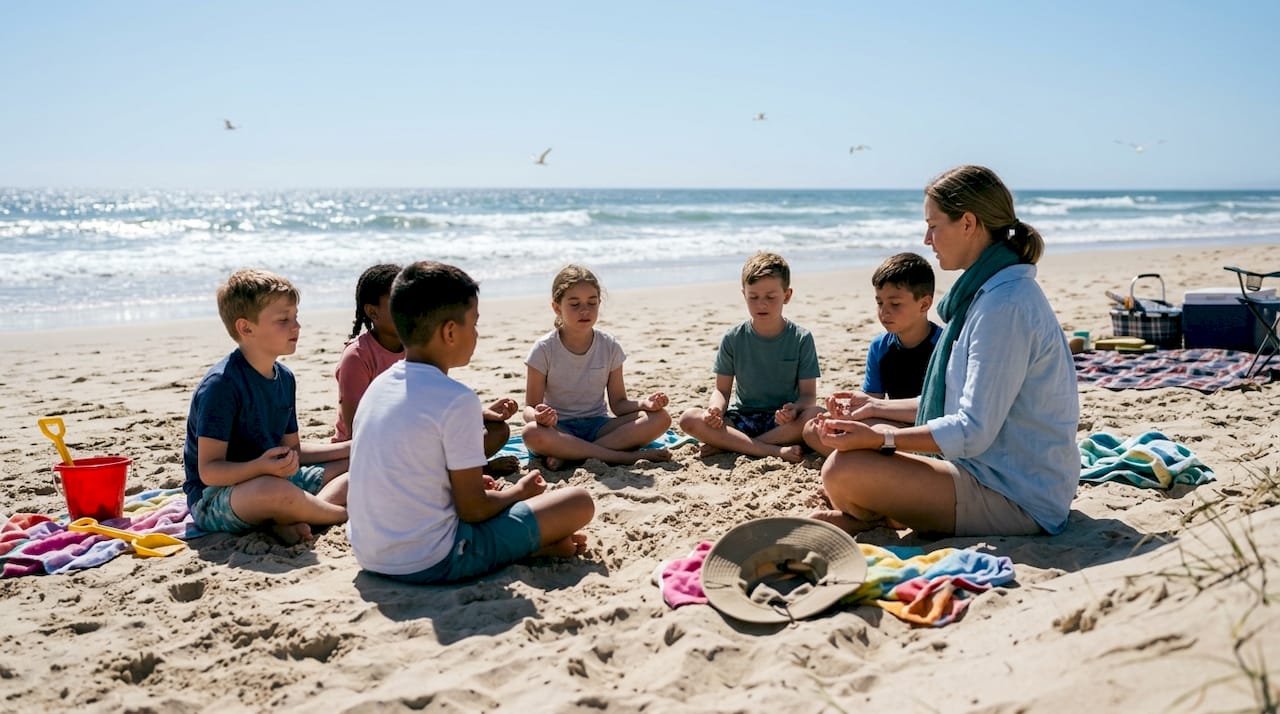 Children practicing mindfulness in park outdoors