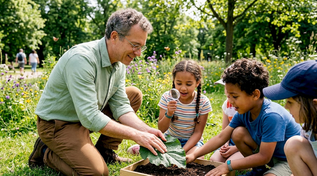 Teacher and children exploring school garden