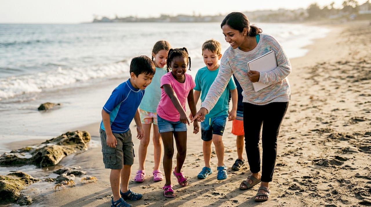 Teacher leading diverse students on nature trail