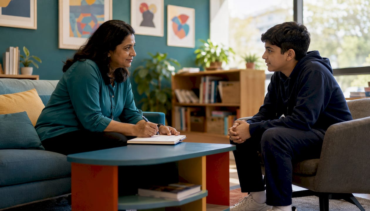School counselor supporting a student in office