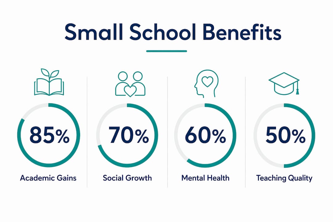Infographic illustrating key benefits of small schools with statistics