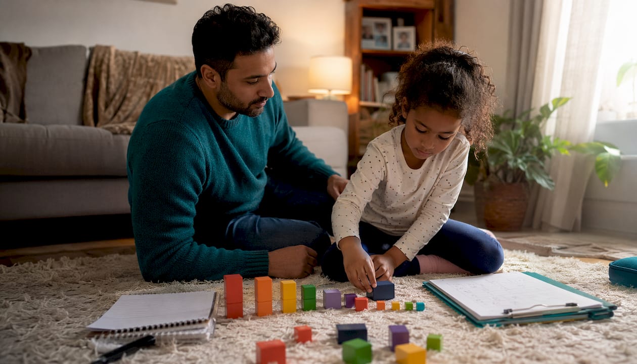 Father and daughter doing math with fruit in kitchen