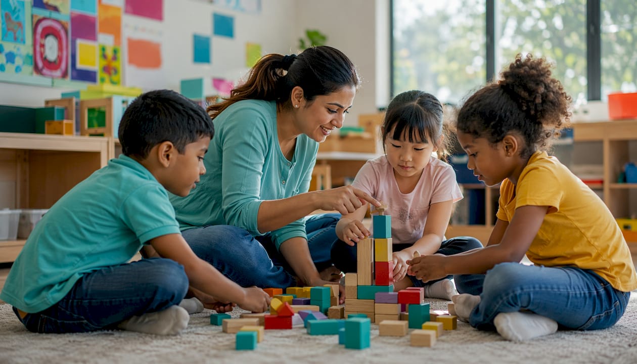 Educator and children building wooden set in classroom