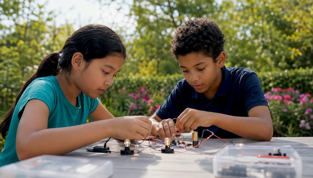 Children building simple electrical circuit together