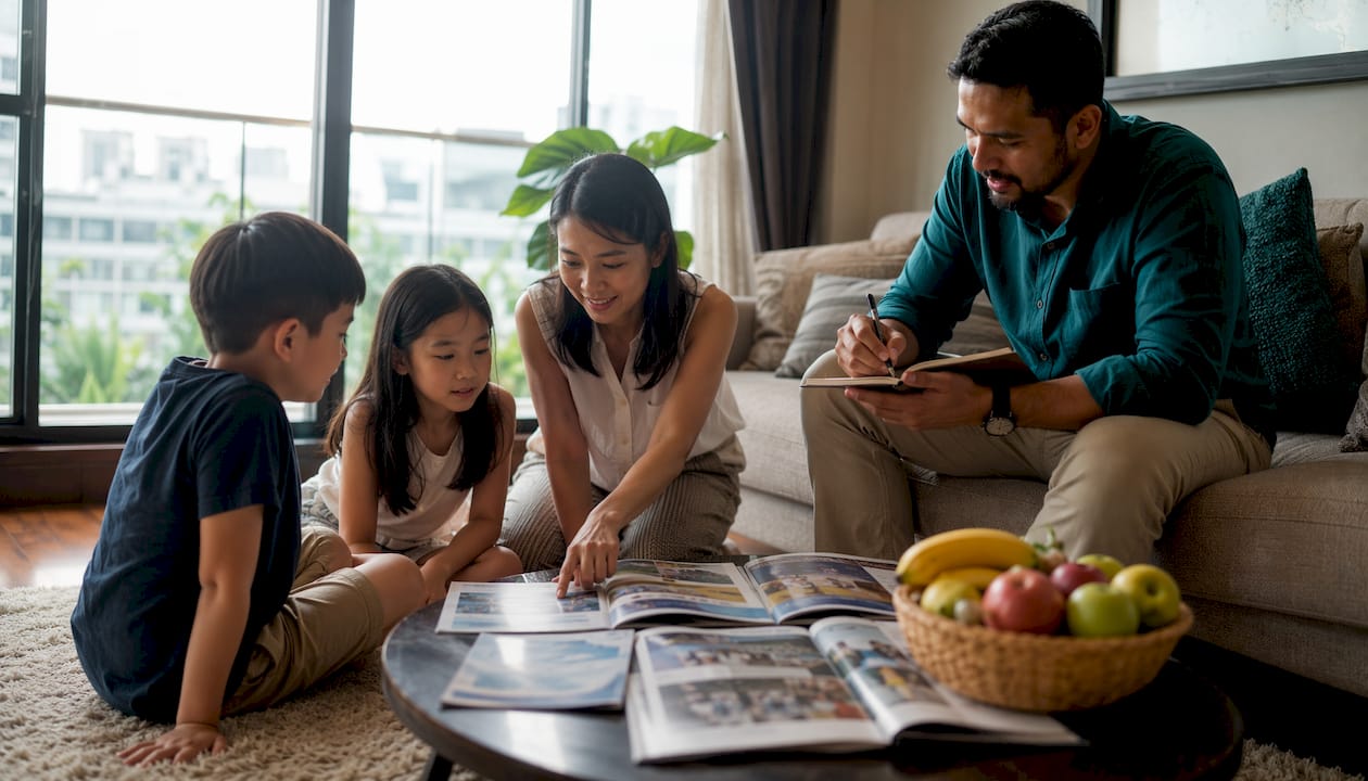 Family reviewing international schools at home