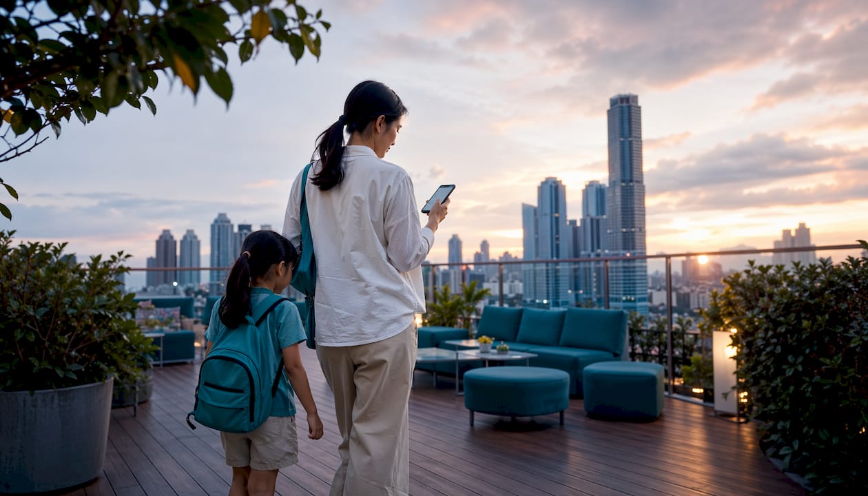 Mother and daughter arriving at serviced apartment lobby