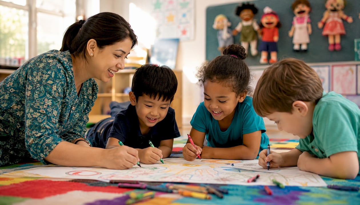 Teacher assisting preschool children with puzzle