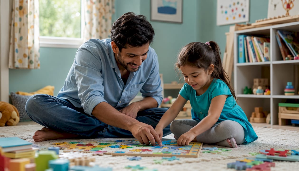 Mother and toddler engaged in learning play