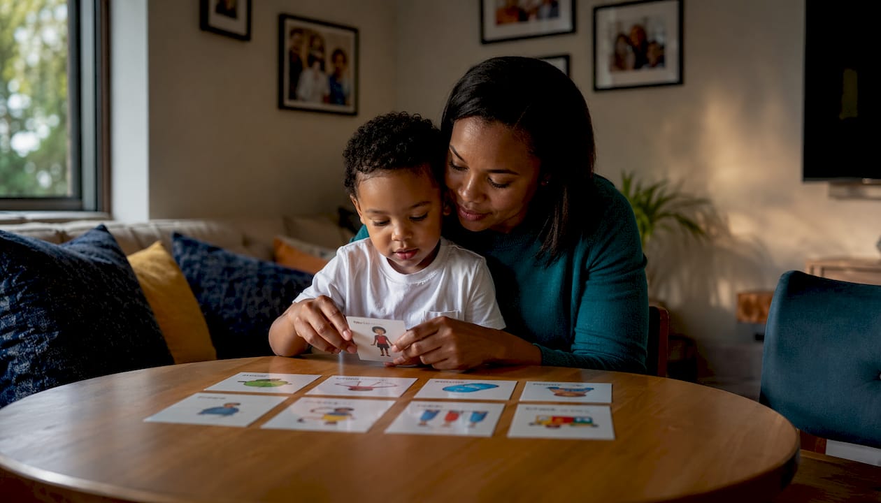 Mother and toddler making visual preschool schedule
