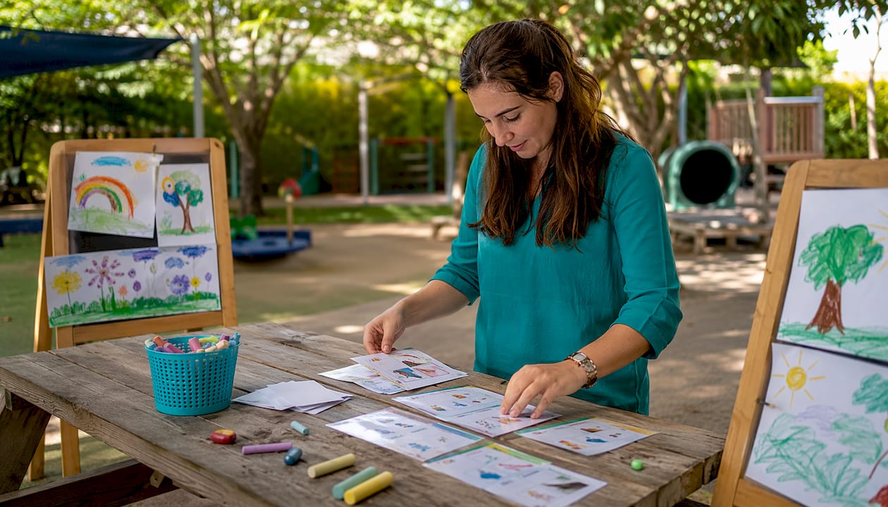 Teacher arranging preschool daily routine cards