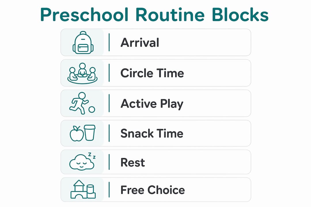 Infographic showing essential preschool routine blocks