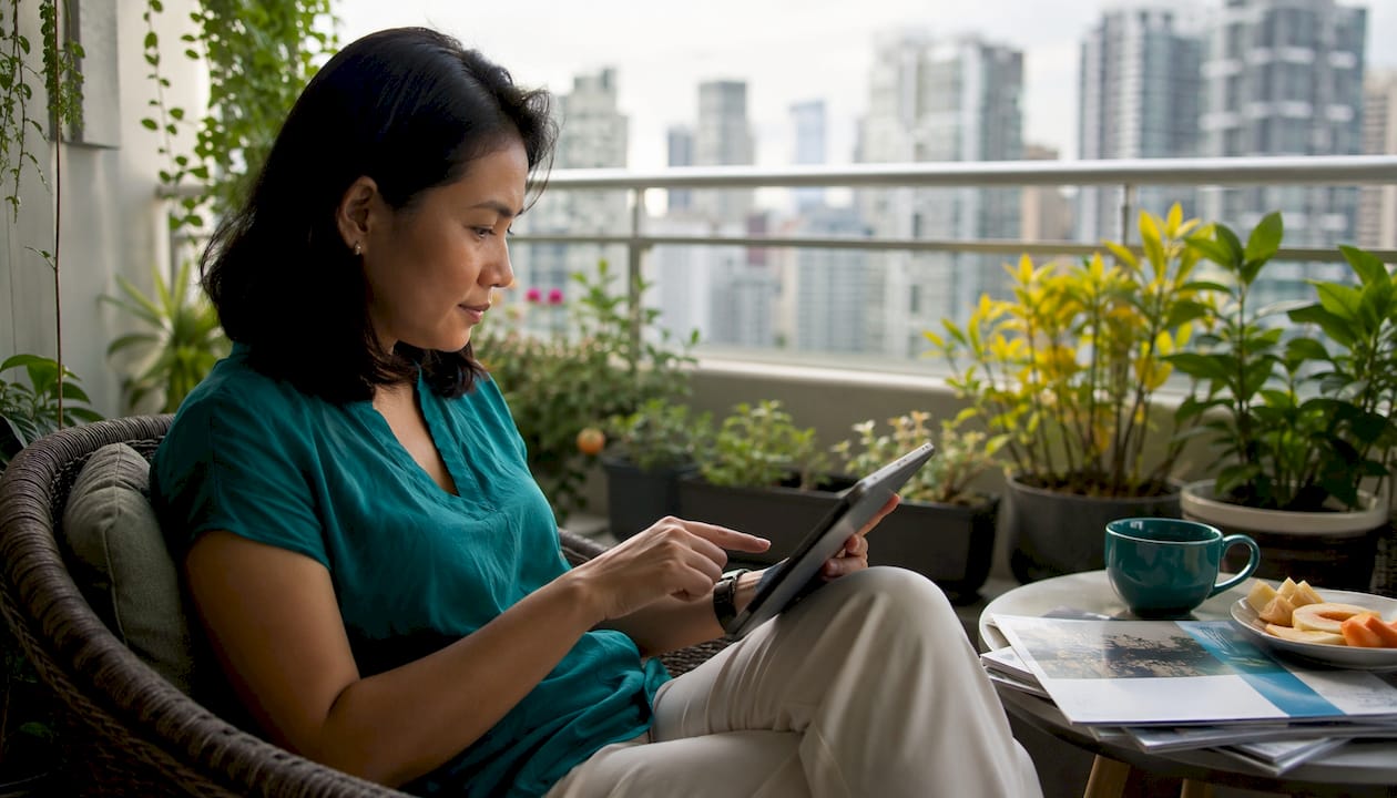 Mother researching Singapore schools at home