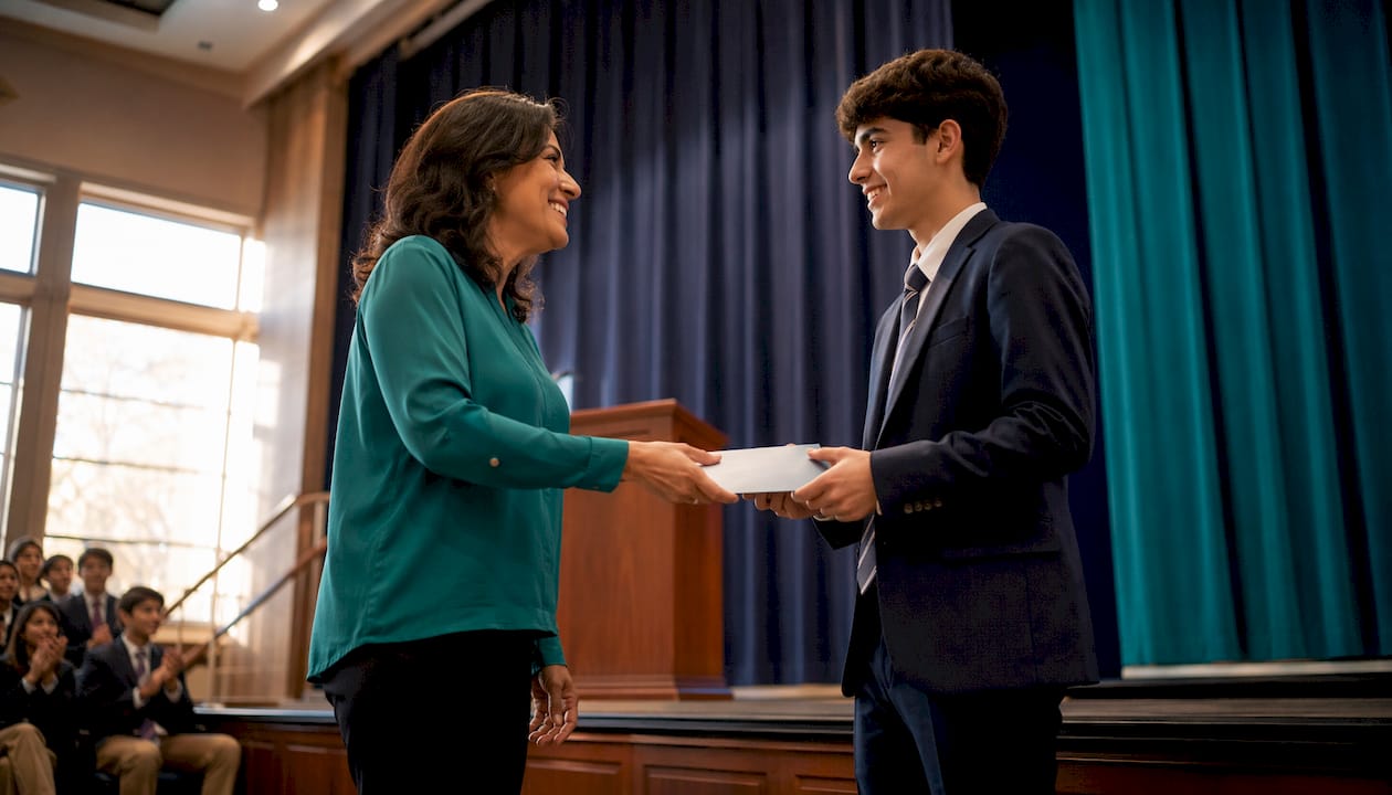 Educator presenting scholarship to student in library