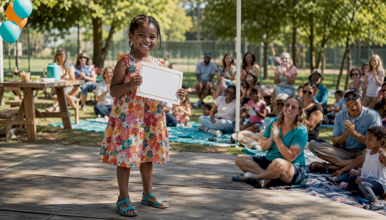 Student proudly receiving school award on stage