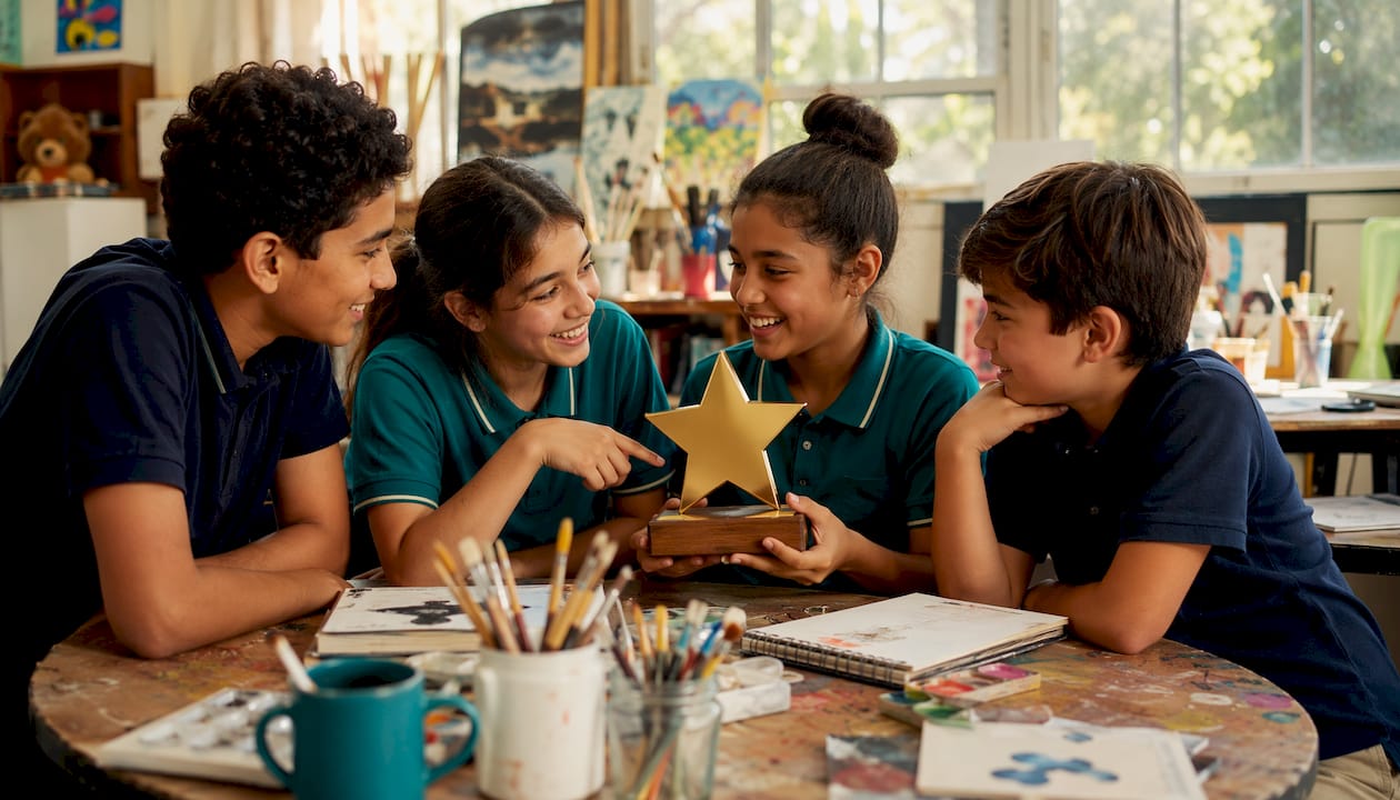 Hands holding gold star award plaque on desk