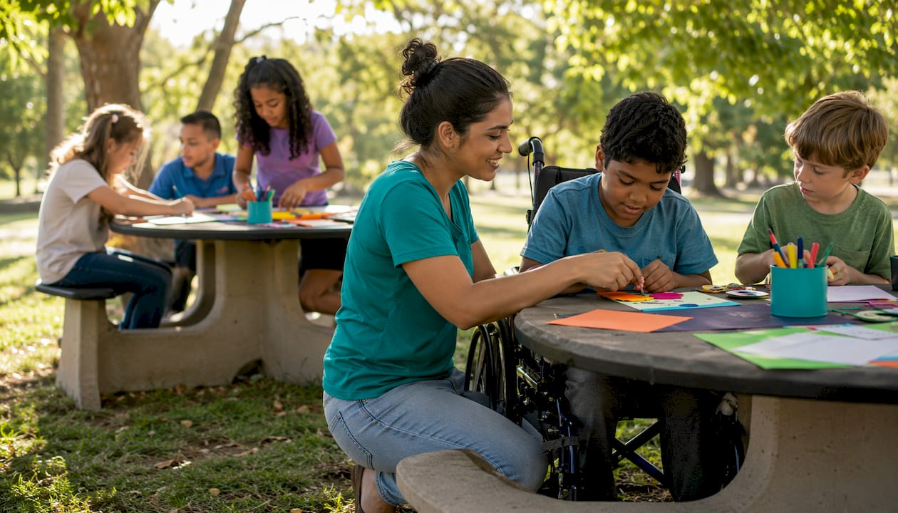 Teacher engaging inclusive classroom students
