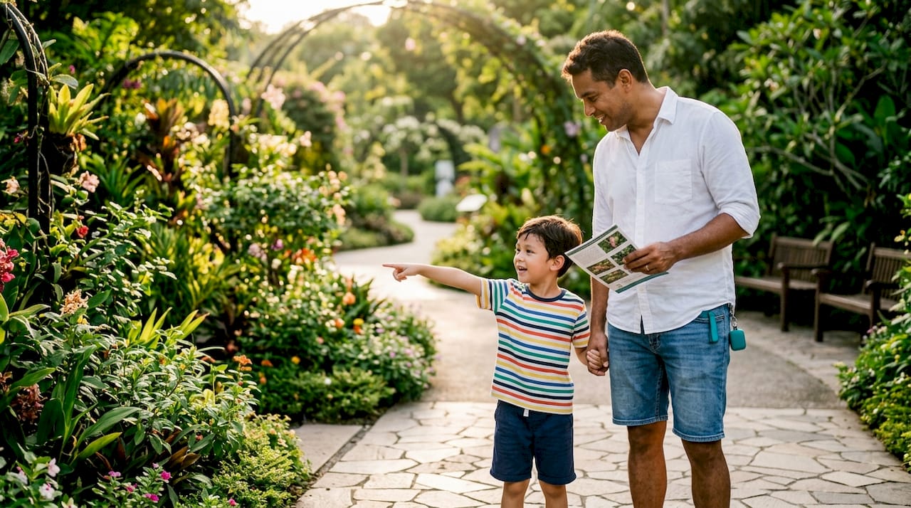 Father and son exploring children’s activities outdoors