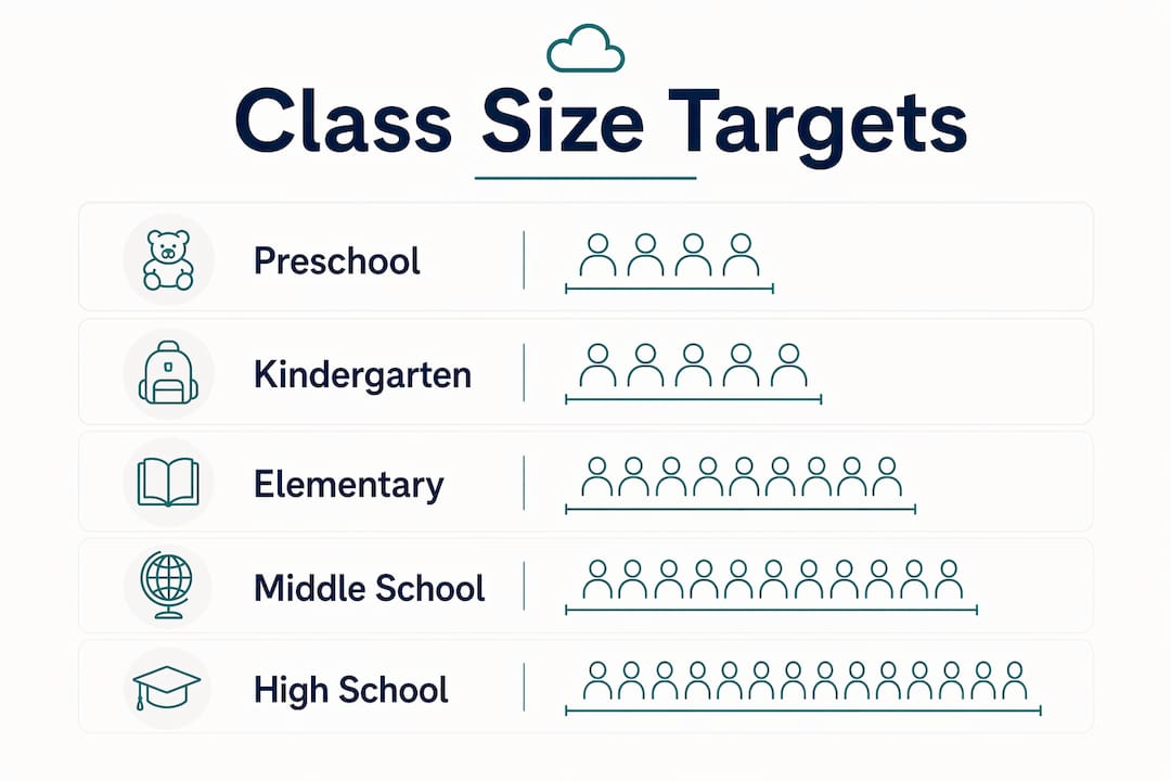 Infographic showing recommended class size targets by education level
