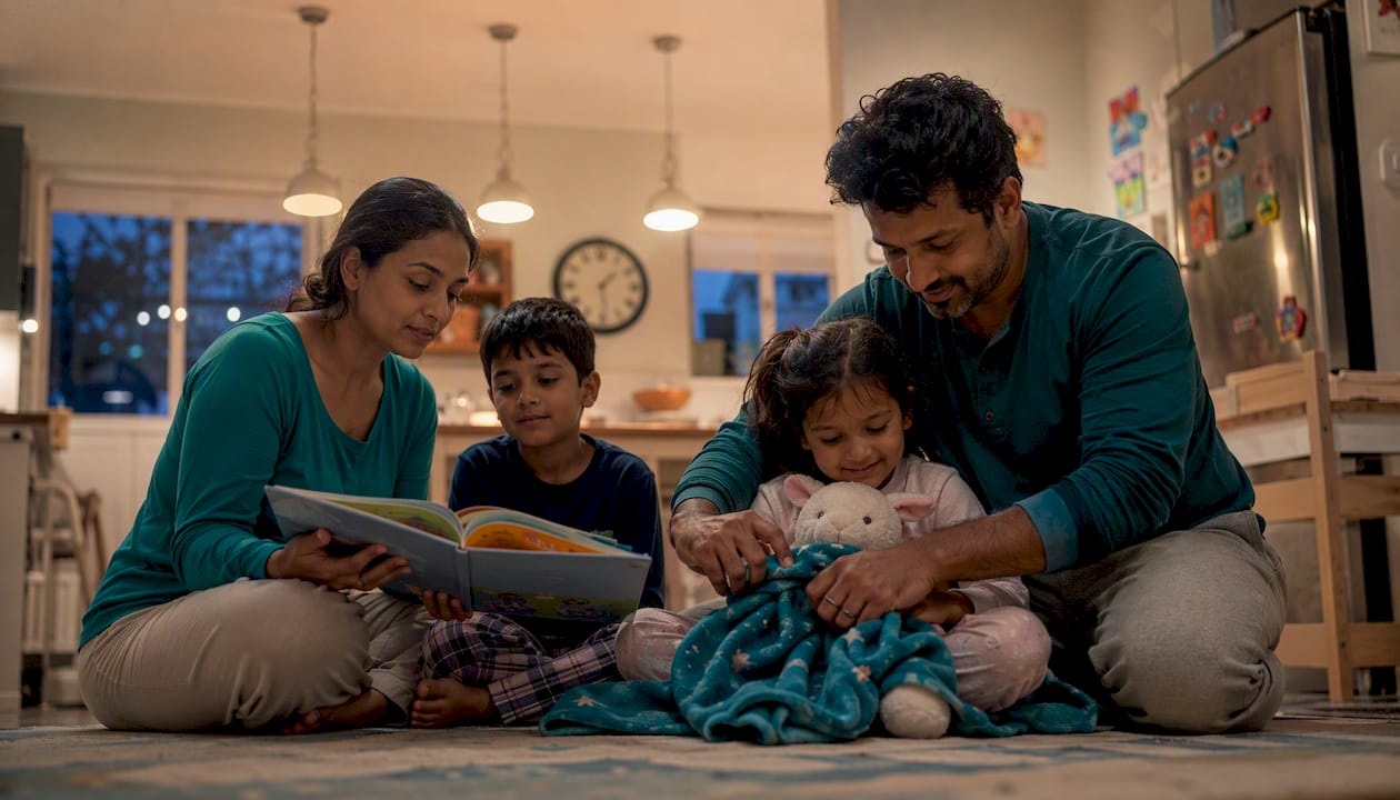 Parents tuck children into bed during emotional bedtime routine