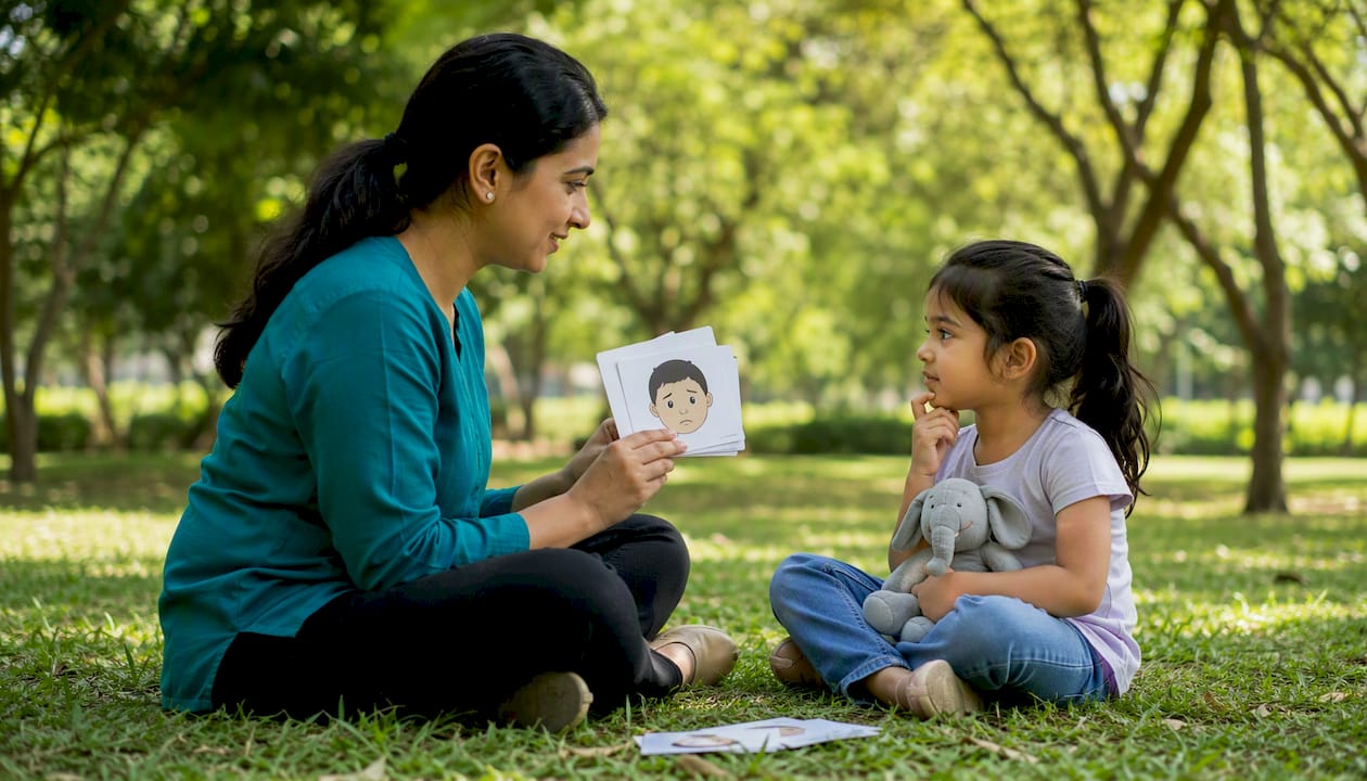 Mother and child practicing emotional skills at home
