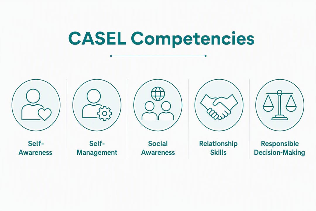 Infographic showing five CASEL social emotional learning competencies